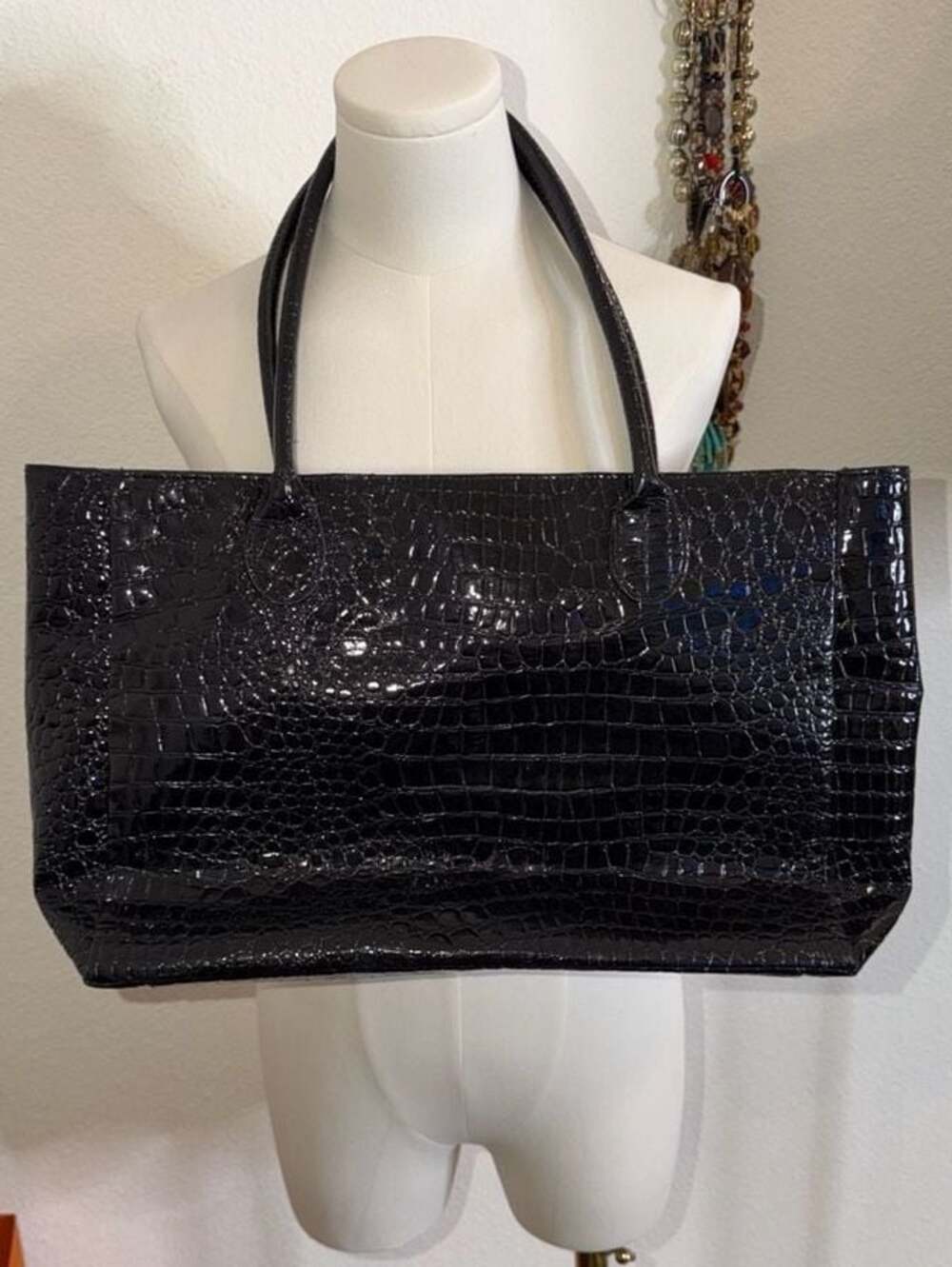 Vecceli Italy Black Crocodile Embossed Large Tote Bag